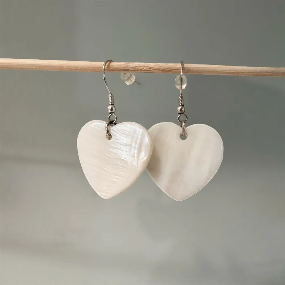 Faux Pearl White Heart Dangle Earrings | Mother of Pearl Style Lightweight